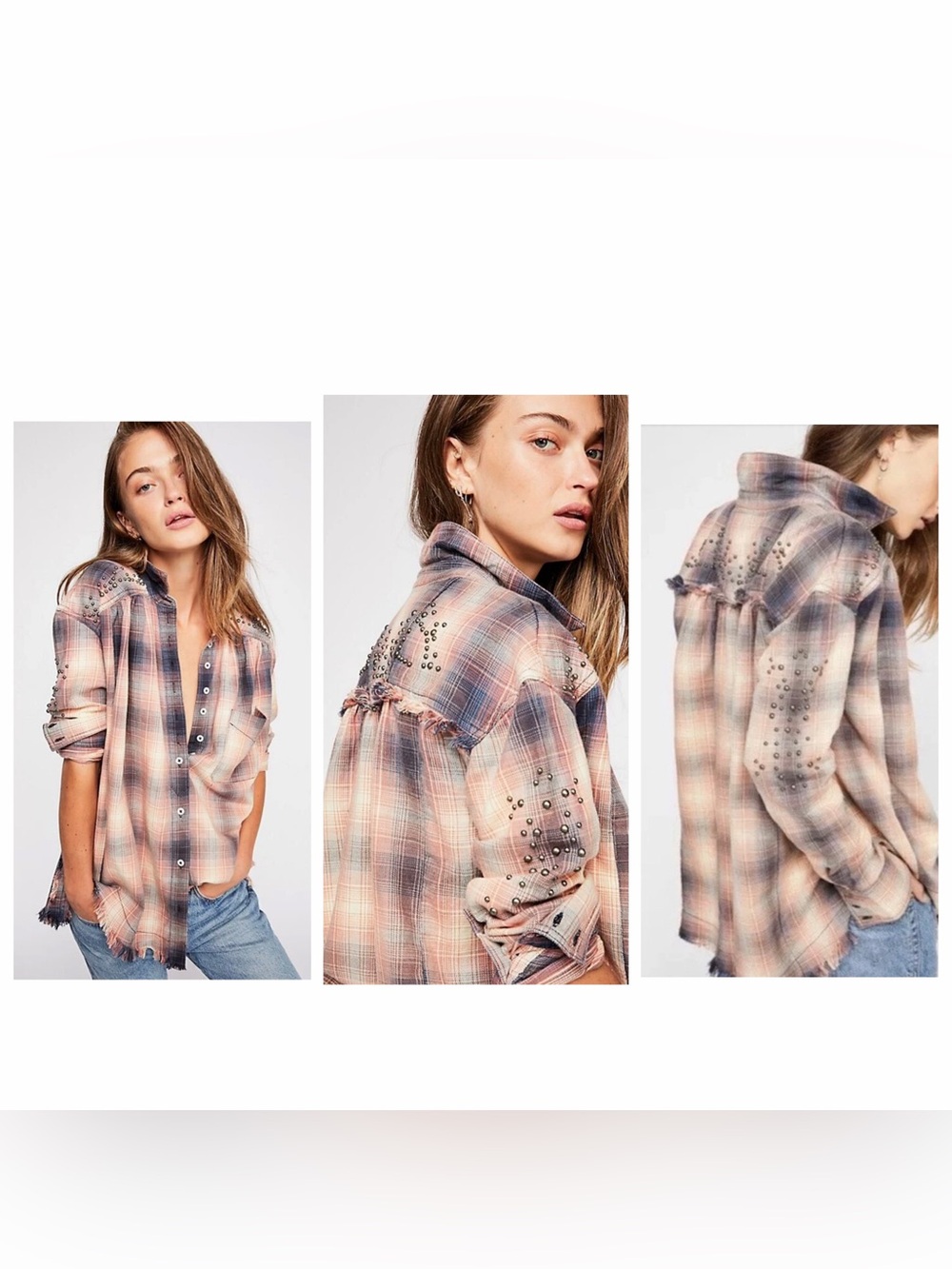Free People Take Me On Plaid Shirt Size Medium Studded Oversized Raw Hem
